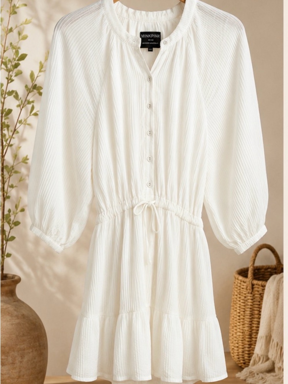 MinkPink White Button-Front Drawstring Tiered Dress Sz M P2P 19’ Length 37’